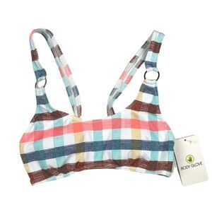 Body Glove La La Land Milan Bikini Top XS Stripe Plaid Blue Red Retro 70s Beach